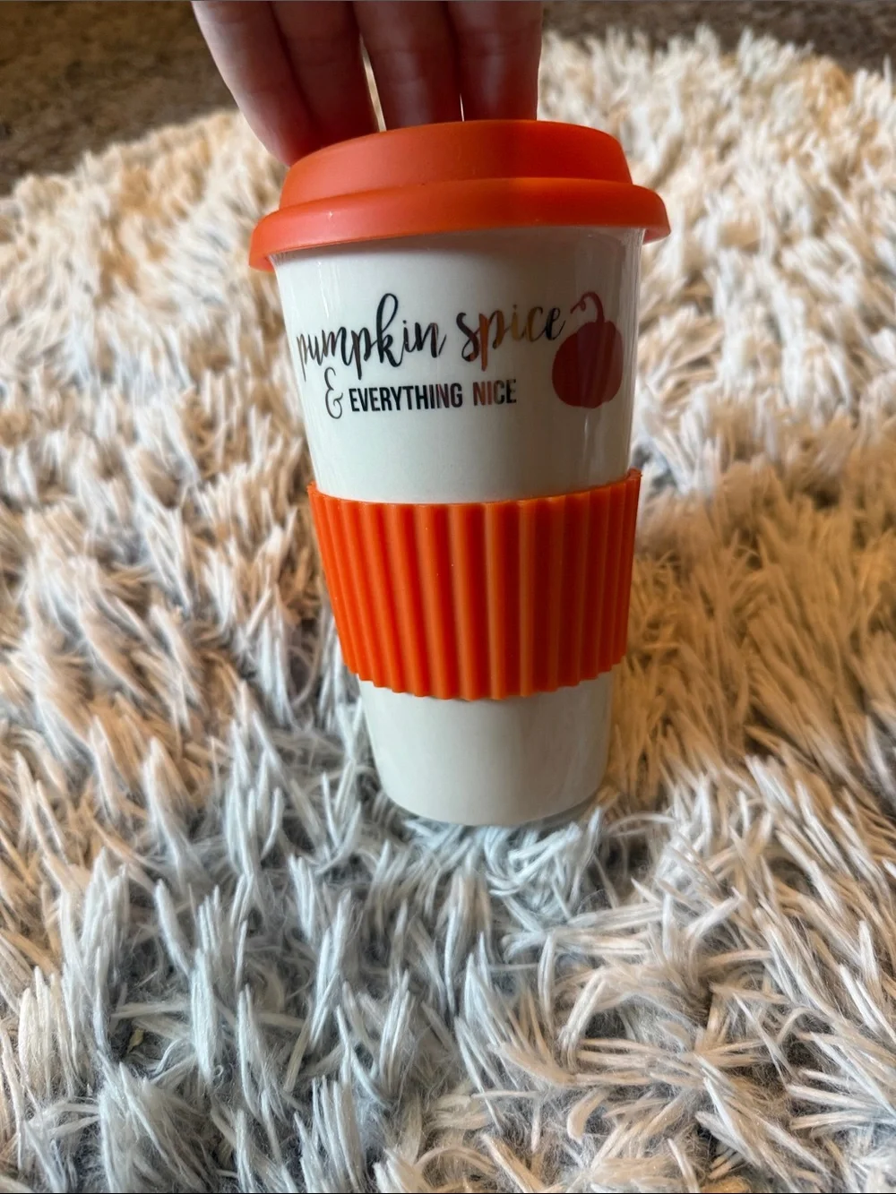 Pumpkin Spice Travel Mug with Orange Silicone Lid & Sleeve